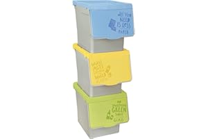 TIENDA EURASIA - Cubos de Basura de Reciclaje, Pack de 3 Cubos de Basura de Cocina, Cubo de Basura 30 Litros, Plástico, Sistema Apilable con Apertura Fácil, Ideal para Reciclar, 3 Colores