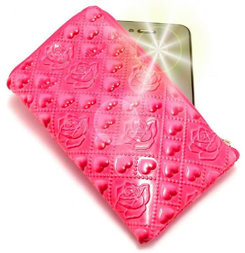 Genuine "Passion" Luxurious Padded Gloss Finish Zipped Wallet / Holder & "Dreamer" no. 10005 Gliter Phone Charm for Sony Ericsson J105 Naite .Unique Embossed Zip Pouch / Case / Skin / Holster with Carrying Strap for Mobile Phone and Credit Cards - Hotl Pink .