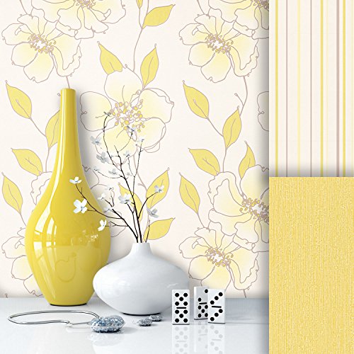 Tapete Edel Vliestapete Gelb Weiß Blumen , schönes Floral Design und purer Luxus Effekt , moderne Natur Optik für Wohnzimmer, Schlafzimmer, Flur oder Küche inkl. Newroom Tapezier Profibroschüre mit super Tipps!