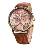 Doingshop Damenuhr Retro Klassische Weltkarte Cowboy Band Analog Quarz Uhr Unisex Retro Armbanduhr