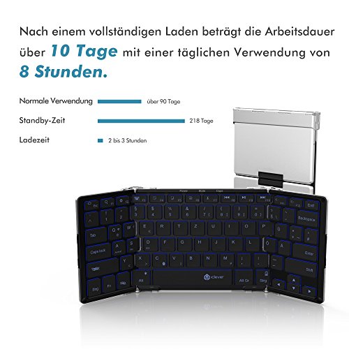 iClever IC-BK05 Ultra Slim Tri-klappbare Bluetooth QWERTZ Tastatur, RGB Beleuchtet, Mini Wireless / Verkabelt Keyboard Deutsch-Layout für iOS, Windows, Android Smartphone und PC Tablet - 9