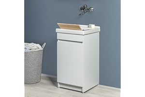 INBAGNO Mobile Lavatoio 45x51 Cm Con Vasca In Ceramica, Struttura In Legno Nobilitato Bianco Opaco Con Un Anta Apribile A Gola, Già Montato Con Kit Di Scarico Incluso