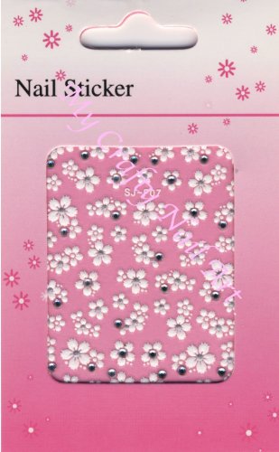 Nailart Sticker Gänseblümchen Blume Weiß selbstklebend mit silbernem Strass - 3