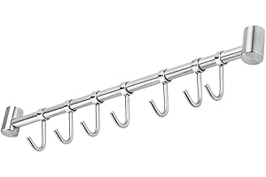 Intirilife Barra de Colgar para la Cocina de Acero Inoxidable con 7 Ganchos móviles para taladrar - 39.6 x 3.4 x 2.2 cm - Barra de Colgar para la Cocina Gancho Varilla portavasos Soporte de Pared