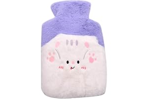 KREEZI Borsa Acqua Calda, Gattino Viola Borse per Acqua Calda Simpatico Hot Water Bag Borsa Acqua Calda con Copertura Peluche Rimovibile Adatto per Regali di Natale e Inverno per Bambini Anziani Fidanzate