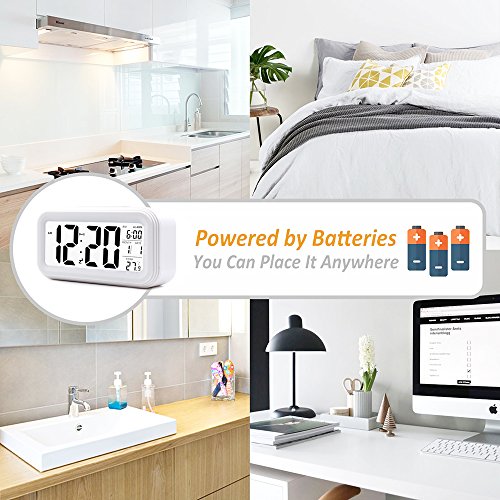 Ankoda® batteriebetriebener LED Digital-Wecker mit extra großem Display, Snooze, Datumsanzeige, Temperatur und Sensor Licht (weiß) - 5
