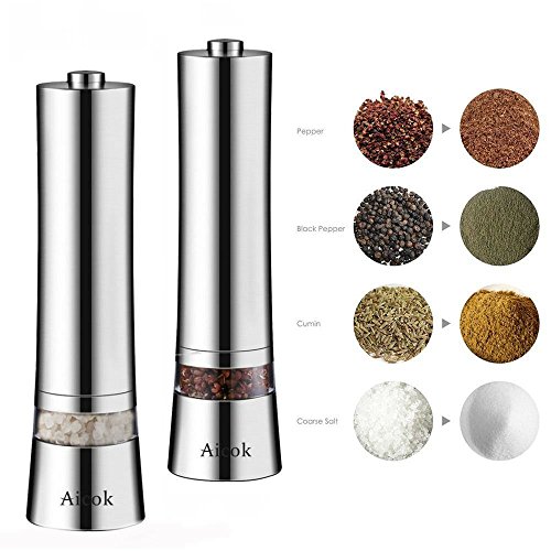 Aicok Salz und Pfeffermühle, Elektrische Gewürzmühle mit einstellbarer Feinheit 2er Set, Silber