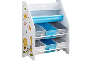 NICEME Kids Bookshelf Toddler Bookcase for Nursery, Toys Box Storage Unit Children's Book Shelf Organiser for Kids Room (Blue Lion Pattern,Shelf+6 Drawers)