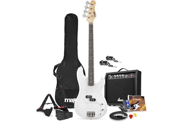 Max Gigkit Basse Electrique 4/4, Kit Complet Ampli 40 Watts, Système Sans Fil, Stand, Accordeur, Sangle, pour Musicien Débutant ou intermédiaire | Blanche