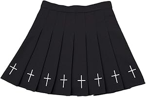 DINGJIUYAN Women's Kpop Fashion Pleated Mini Skirt Gothic Punk Black Cross Embroidery Skirt