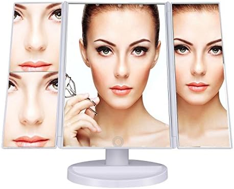 Tri-Fold Illuminated Vanity Mirror, 22 Pcs Led Lights Touch Screen Lighted Makeup Table Mirror with 180 Degree Free Rotation Countertop,White