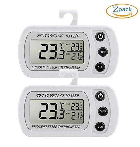 Preisvergleich Produktbild Kühlschrank Thermometer, carryme Wasserdicht Digital Wireless Kühlschrank Gefrierschrank Thermometer Innen Temperatur Monitor mit Haken einfach zu Lesen LCD Display und max / min-Funktion von-20 bis 50 ¡æ (-4 bis 122 Fahrenheit), perfekt für Home Restaurants Bars Cafés, weiß