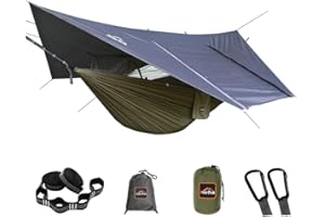 AnorTrek Hamak kempingowy z moskitierą i plandeką przeciwdeszczową, przenośny, podwójny hamak z dwoma paskami na drzewo, nylonowy hamak 210T i wodoodporny, zestaw much przeciwdeszczowych, do wędrówek,