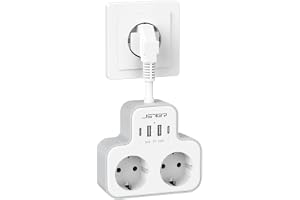 JSVER 2-vägs Grenuttag med 4 USB(2A+2C), Dubbla Uttagsuttag med Individuell Strömbrytare, 6 i 1 Uttagsadapter med Flexibel Ka