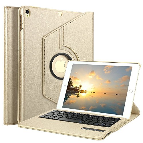Ipad 9.7 Bluetooth Tastatur Hülle, Boriyuan 360 Grad drehbar Leder Case Schutz Tasche Cover mit Bluetooth Wireless Tastatur (Deutsche QWERTZ) keyboard case für Apple iPad 9,7 Zoll 2017 (Gold)