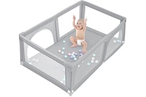 MUL-BOUTIQUE Laufgitter für Babys, 180 x 120 cm, modular, faltbar, großer Laufstall für Kleinkinder mit Reißverschlusstür, bringen Sie 50 Meereskugeln (flaches Grau)