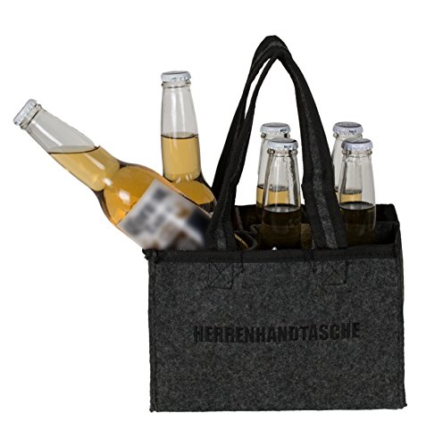 BRANDSSELLER Herren Handtasche Flaschenkorb Flaschenträger Einkaufstasche Aufbewahrungstasche – aus Filz – für 6 Flaschen – Farbe: Dunkelanthrazit mit Stickerei „Herrenhandtasche“ - 4
