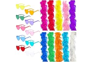 FUNVALLEY SURPERFECT 8Pcs Colorful Feather Boas with 8Pcs Heart Rimless Sunglasses，6.6ft/2m Chandelle Turkey Feather Boa for Women for Dancing Wedding Party Halloween