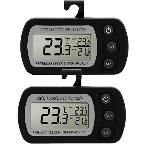 Digital Khlschrank Thermometer Glamouric Gefrierschrankthermometer Khlschrank LCD thermometer fr Tiefkhltruhe Gefrierschrank Khl Temperatur Monitor Wasserdicht mit Haken Schwarz -2 Stcke