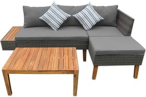 Panana Rattan Garden Outdoor Sectional Corner Sofa and Wooden Table Outdoor Lounge Furniture Set with Cushions Patio Backyard Poolside