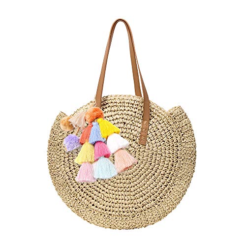 Godea Bolso Redondo de la Paja de la Rota Boho para el Bolso Tejido Bolso de la Paja del Embrague Hecho a Mano del Monedero de Las Mujeres (Beige 043)