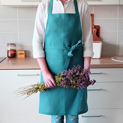 Linen & Cotton Luxus Schürze, Küchenschürze, Kochschürze, Grillschürze ''ELLA'' - 100% Leinen (70 x 84cm, Türkis)