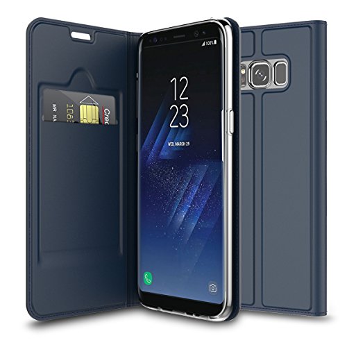 Moonmini Samsung Galaxy S8 Lederklapp hülle Case Bookstyle Klapphülle Wallet Tasche Flip Tasche mit Kartenfach und Ständer Anti-Rutsch Stoßfest handyhüllen für Samsung Galaxy S8 2017 (Blau) - 2