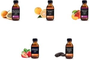 Aromes alimentaires Naturels - lot de 5 flacons 50 ml : peche - fraise - fève tonka - passion Marcudja - yuzu