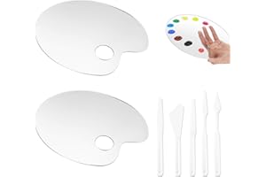 EIAIGKY 2 Pièces Palettes Peinture Acrylique, 30x20cm Transparente Peinture Palette et 5 Couteaux à Palette en Plastique, Ovale Palette Humide avec Papier Protecteur pour Peinture Acrylique, Aquarelle, Huile