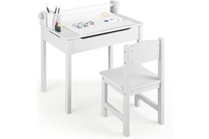 DREAMADE Table Enfant avec Chaise,Table de Dessin Enfant 3+Ans avec Dessus Rabattable,Bureau Garçons Filles en Bois 60x40x58CM avec Chaise&Rouleau de Papier&Marqueurs,Charge 30+50KG (Blanc)