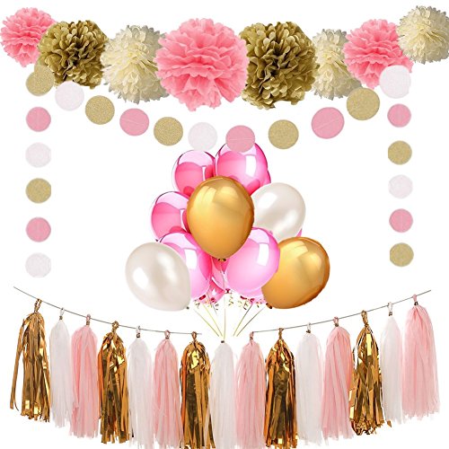 BigLion 54 pcs Stück Rosa und Gold Tissue Papier Pom Poms Blumen Quaste Polka Dot Papier Girlande ballons für Baby Dusche Dekoration Hochzeit Kinderzimmer Dekorationen Bridal Dusche