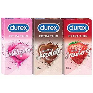 Durex Extra Thin Flavoured Condoms, 10s, Pack of 3 (Bubblegum + Chocolate + Strawberry), Pink