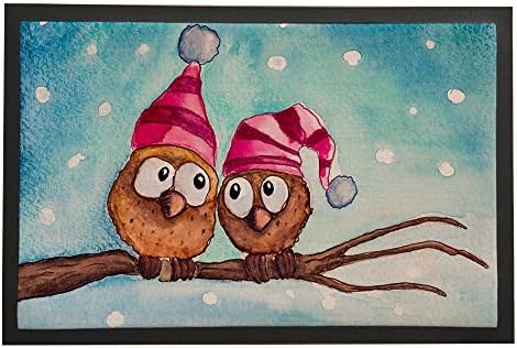 Asawood Doormat Two Christmas Owls Anti-Slip Rubber Backed Indoor Entry Doormat 16" x 24" inches