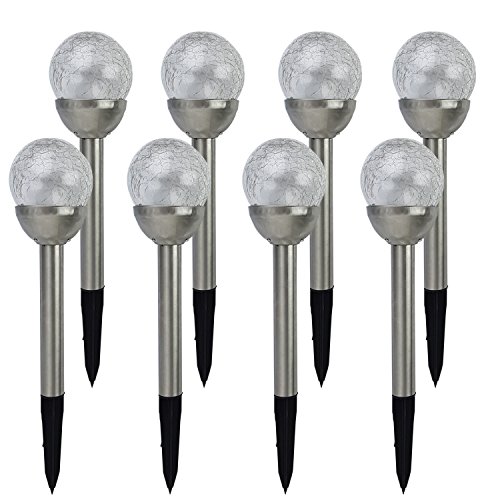 LED Solarleuchten-Set für Garten Edelstahl Gartenleuchte Crackle Glas-Kugel mit Erdspieß Wegleuchte Terrasse Balkon-geländer
