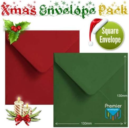 50 Red Green Xmas Card Envelopes Coloured Small Square Christmas Card Envelopes