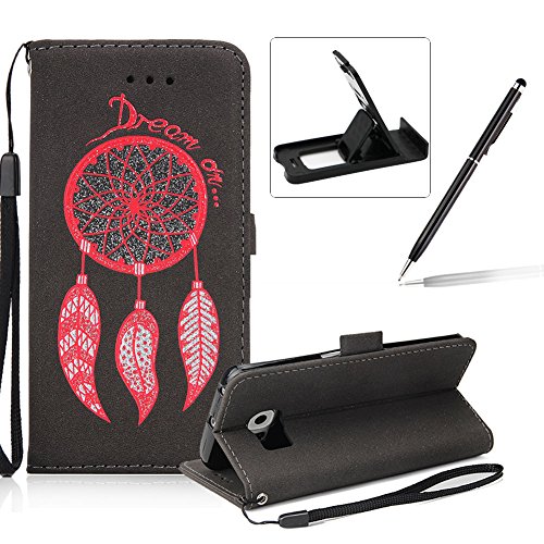Leather Case for Samsung Galaxy S6 Edge,Strap Flip Wallet Cover for Samsung Galaxy S6 Edge,Herzzer Luxury Stylish Shining Bling Glitter Dreamcatcher Design Black PU Leather Stand Card Holder and ID Slot Money Pouch Magnetic Clasp Slim Flip Protective Skin Case Cover for Samsung Galaxy S6 Edge + 1 x Free Black Cellphone Kickstand + 1 x Free Black Stylus Pen