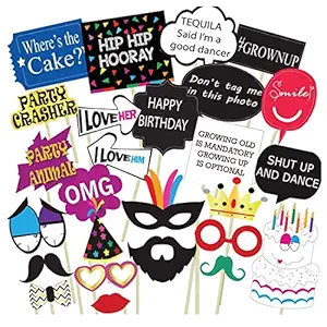 Party Propz Birthday Photo Booth Props 26Pcs Set with Funny Crown Fun Mask Hats Beard Happy Face Wig Mustache Prop for Boys Girls Kids Selfie Photobooth,Birthdays Parties Items Decorations Supplies