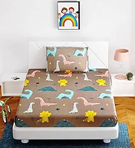 SIMRITA Animal Print Bedsheet for Kids Single Size 60 X 90with 1 Pillow Cover, Multi Dinosaur