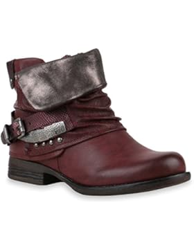 Stiefelparadies Gefütterte Damen Biker Boots Stiefeletten Winterschuhe Metallic Prints Nieten Schnallen Übergößen...
