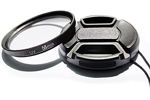 FANZR Filtro protettivo UV multistrato da 58 mm e copriobiettivo, Compatibile per Canon T8i 200DII SL3 w/EF-S 18-55 mm, per Fuji XC 16-50 mm, obiettivo XF 18-55 mm (1+1 pezzo)