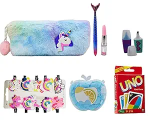Aarvi Combo of 8 Items with Soft Fur Pencil Pouch, Paper Soap, Hair Clips, Pens, Highlighters & Card Game for Kids Birthday Return Gift