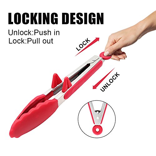 Zilong Küchenzangen/Silikon Grillzangen 9 Zoll + 12 Zoll Antirutsch und Edelstahl Zangen/Silikon Zangen/Küchenhelfer/Küchenzubehör perfekt für Kochen,Grill,Salat,Buffet,usw. Rot,2 Stk. - 5