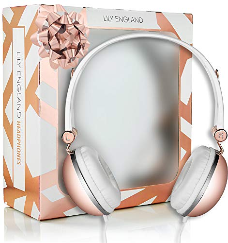 Lily England Casque Audio Ultraléger, Superbe Couleur (Or Rose) - Son de Qualité HiFi, Beau Design Confortable, Oreillettes Blanches - Télécommande sur Câble, Micro Intégré Contrôle Volume/Sélection