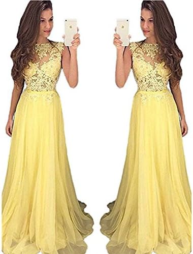 Baijinbai Lace Yellow Appliques Evening Chiffon Formal Ball Gown Long Prom Bridesmaid Party Dress Yellow UK12