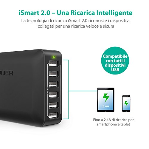 Caricatore USB a Muro 60W 12A con 6 Porte di RAVPower Stazione Ricarica iSmart CompatibilitÃ  Universale Triplo Meccanismo di Protezione - Nero