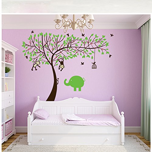 Rainbow Fox Affe und Elefant Spielen auf Riesenbaum-Wandtattoo Wandaufkleber für Kinderzimmer Dekoration - 4