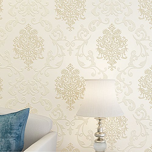 Auralum® 10M x 53CM Vliestapete Damaskus Muster Tapeten Mustertapete Beflockung in Backstein Tapeten für Wohnzimmer, Schlafzimmer Beige