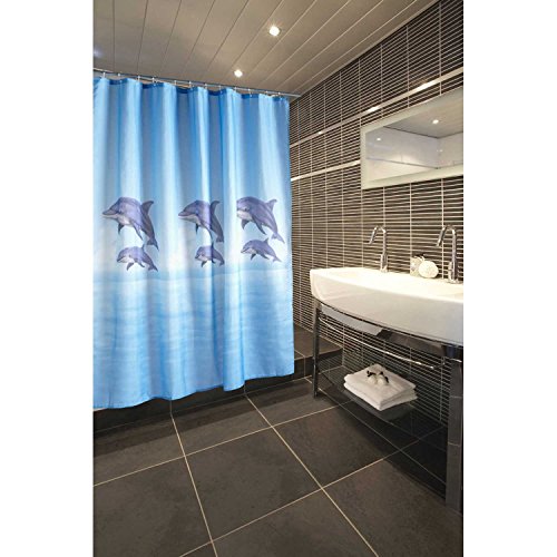 Duschvorhang Textil ( Polyester ) 180×200 cm Delfin Meer blau wasserabweisend Anti-Schimmel waschbar / Badewannenvorhang Vorhang, hochwertige Qualität mit Ringen - 2