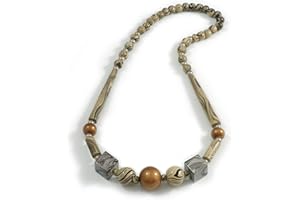 Avalaya Odważny beżowy/szary/czarny geometryczny drewniany naszyjnik z koralikami - 70 cm L, Drewno