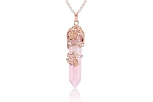 JSDDE Rose Gold Flower Wrapped Gemstone Point Necklace Natural Healing Crystal Stone Pendant Necklace for Women